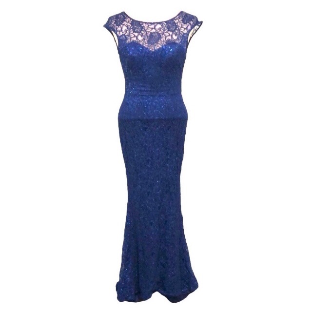 Theia Shimmering Element Gown Formal Maxi Dress Size 2 Metallic Blue Lace